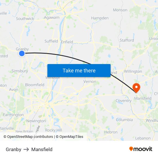 Granby to Mansfield map