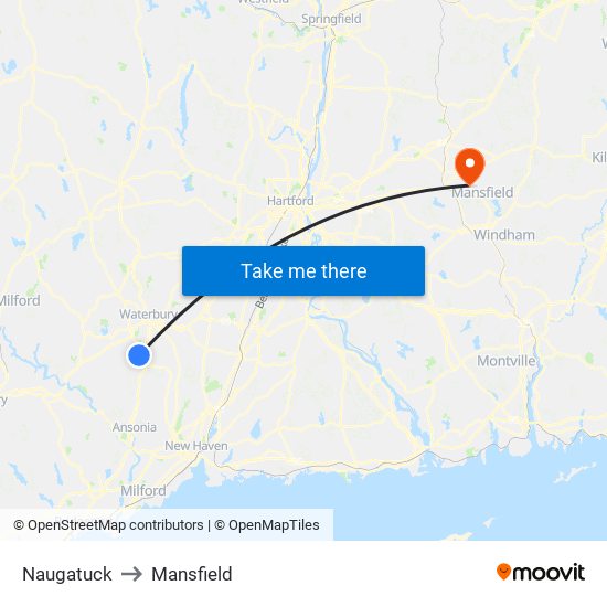 Naugatuck to Mansfield map