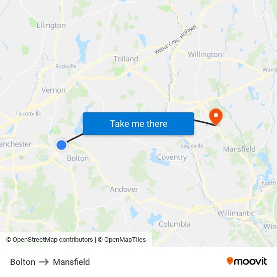 Bolton to Mansfield map
