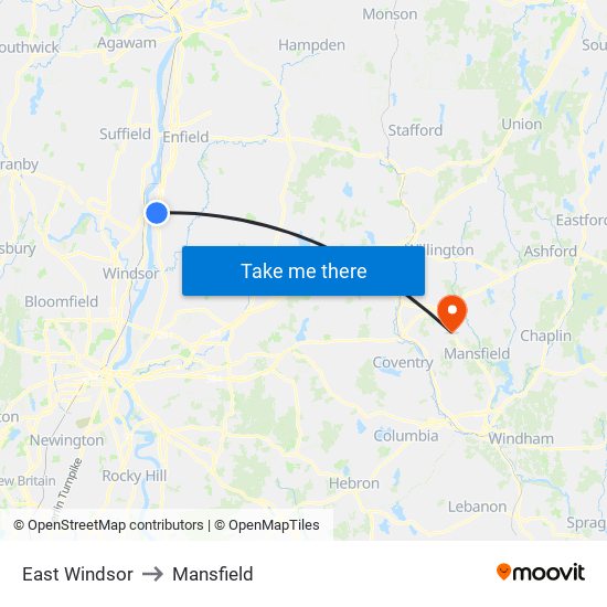 East Windsor to Mansfield map