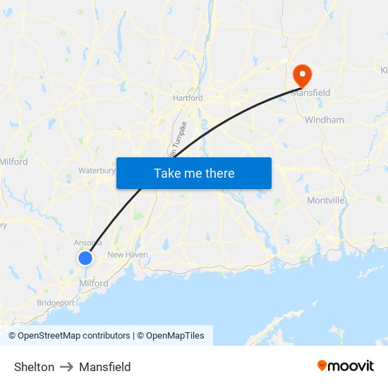 Shelton to Mansfield map