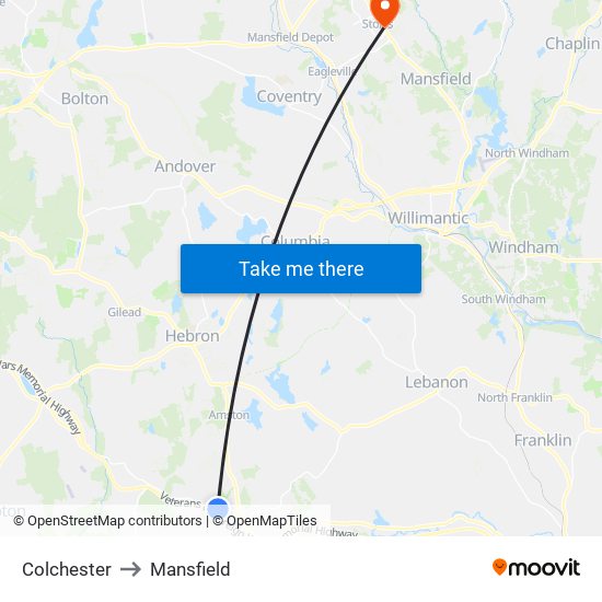 Colchester to Mansfield map