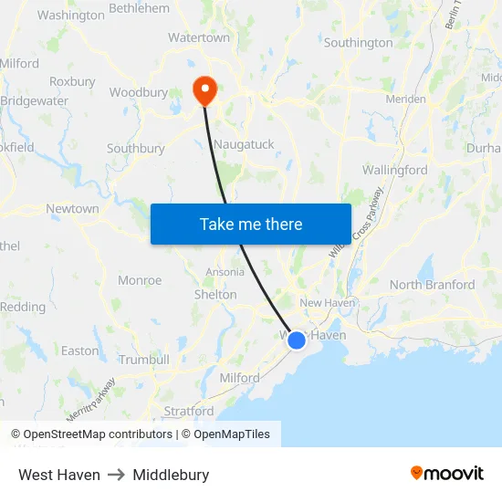 West Haven to Middlebury map
