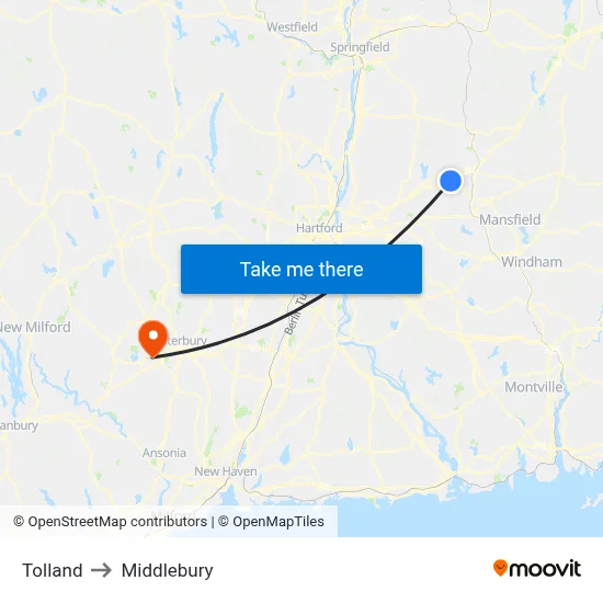 Tolland to Middlebury map