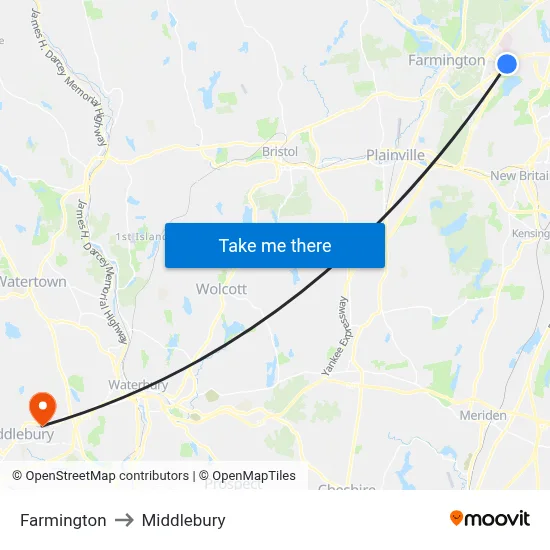 Farmington to Middlebury map