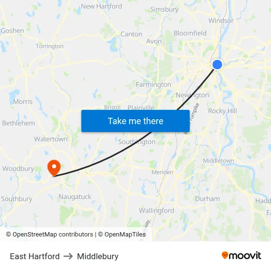 East Hartford to Middlebury map