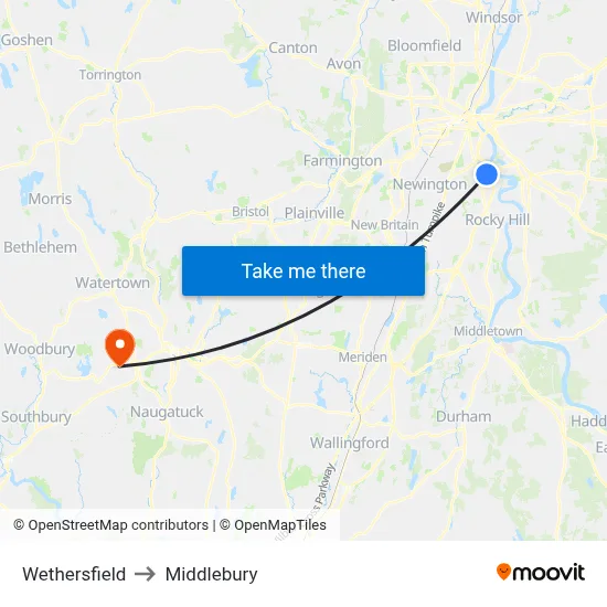 Wethersfield to Middlebury map