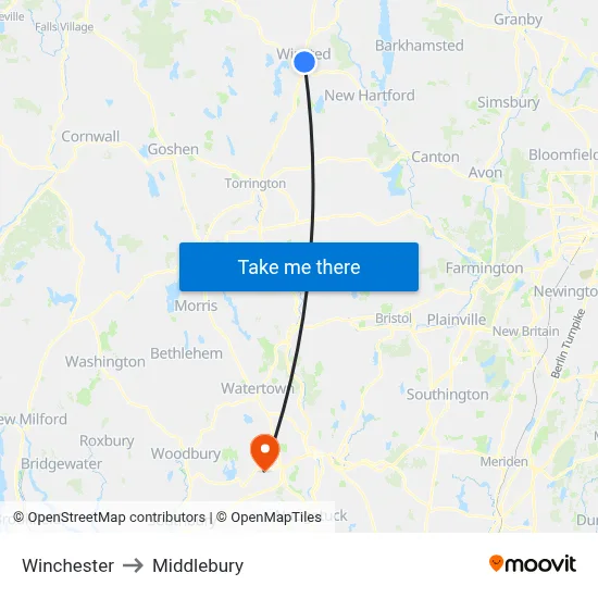 Winchester to Middlebury map