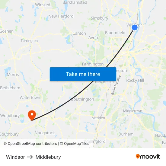 Windsor to Middlebury map