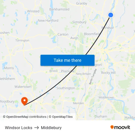 Windsor Locks to Middlebury map