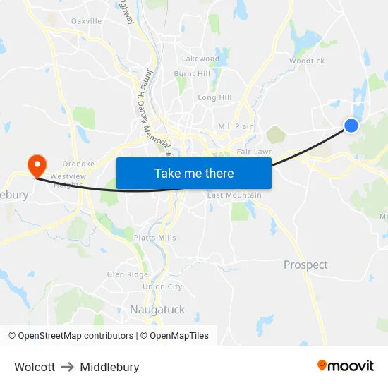 Wolcott to Middlebury map