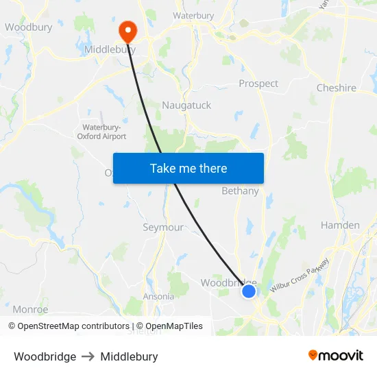 Woodbridge to Middlebury map