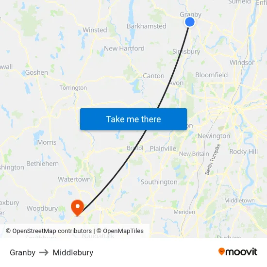 Granby to Middlebury map