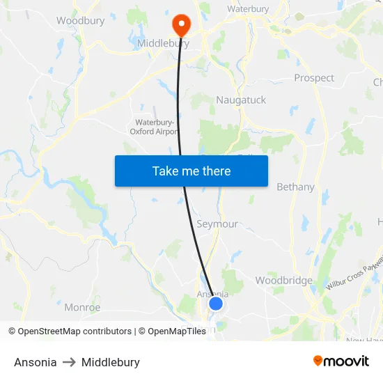 Ansonia to Middlebury map