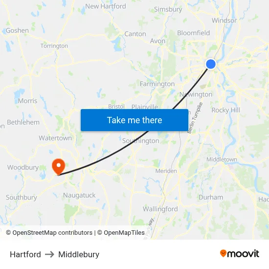 Hartford to Middlebury map