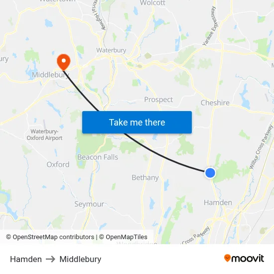 Hamden to Middlebury map