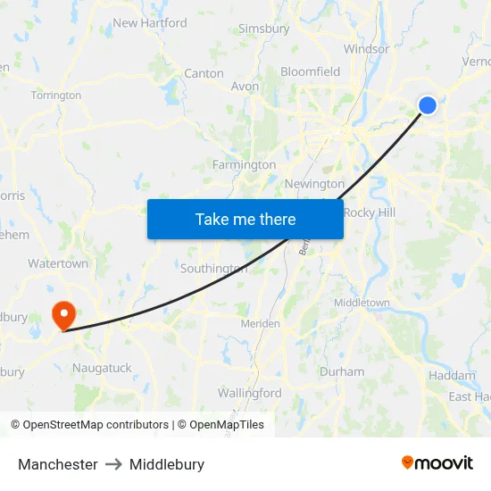 Manchester to Middlebury map