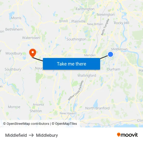 Middlefield to Middlebury map