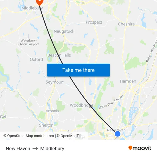 New Haven to Middlebury map