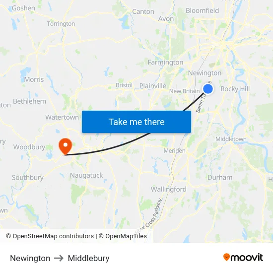 Newington to Middlebury map