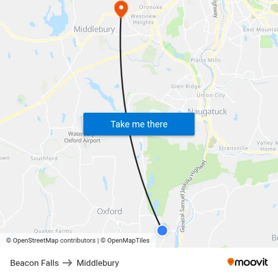 Beacon Falls to Middlebury map