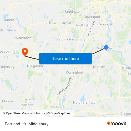Portland to Middlebury map