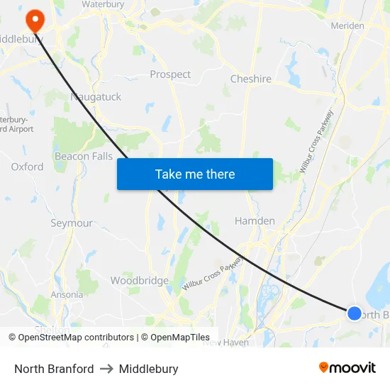 North Branford to Middlebury map