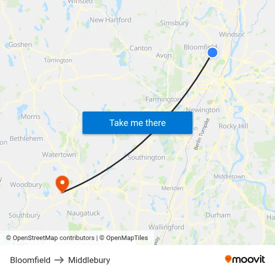 Bloomfield to Middlebury map