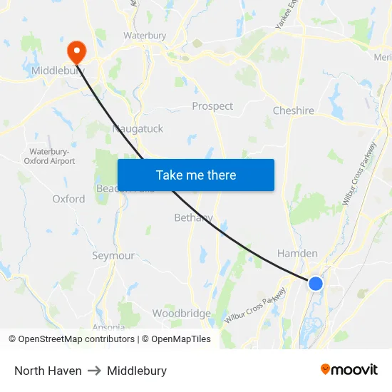 North Haven to Middlebury map