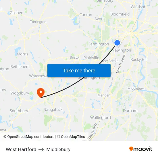 West Hartford to Middlebury map