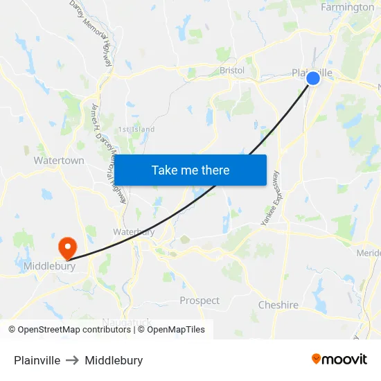 Plainville to Middlebury map