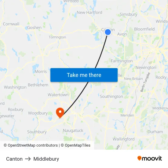 Canton to Middlebury map