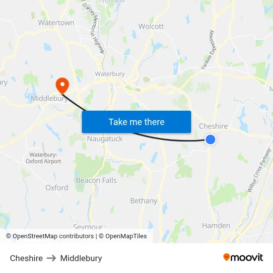 Cheshire to Middlebury map