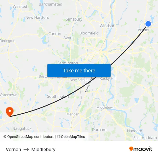 Vernon to Middlebury map