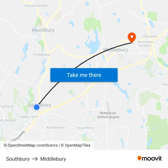 Southbury to Middlebury map