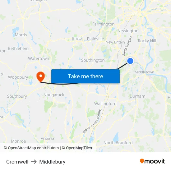 Cromwell to Middlebury map