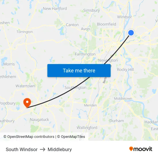 South Windsor to Middlebury map