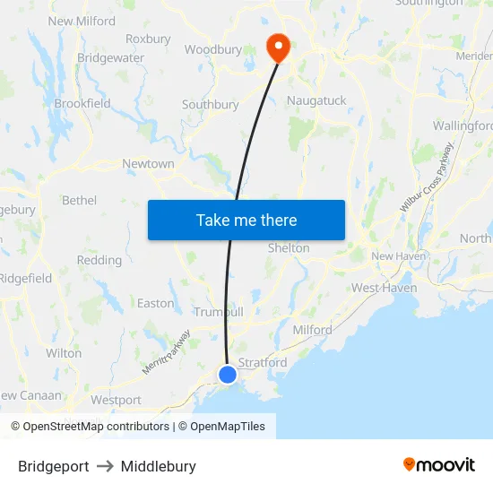 Bridgeport to Middlebury map