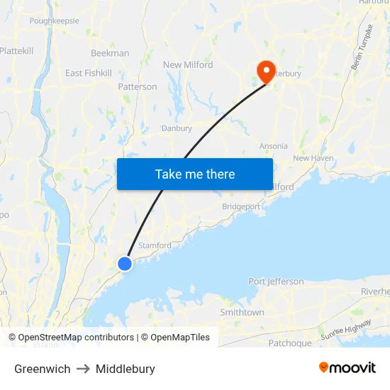 Greenwich to Middlebury map