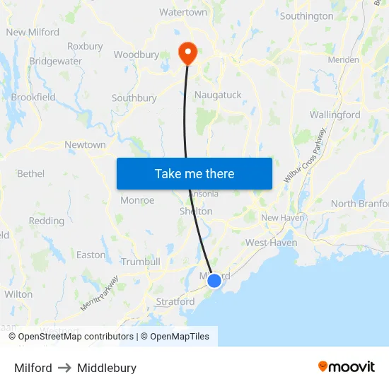 Milford to Middlebury map