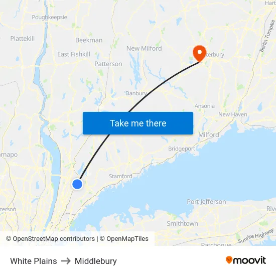 White Plains to Middlebury map