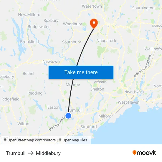 Trumbull to Middlebury map