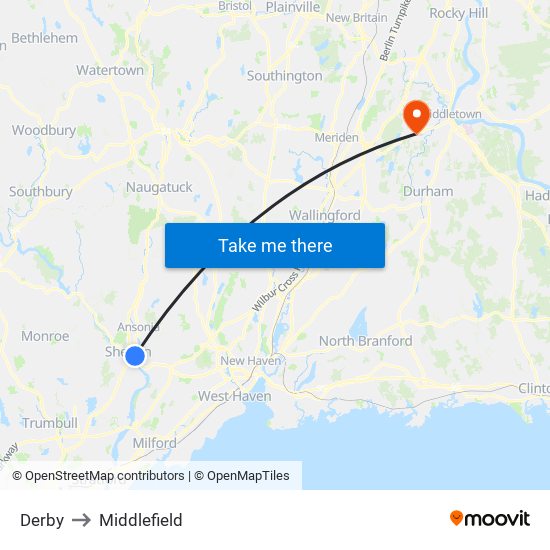 Derby to Middlefield map