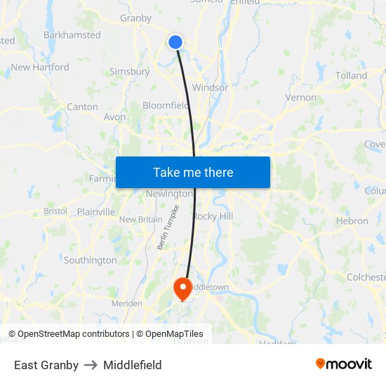 East Granby to Middlefield map