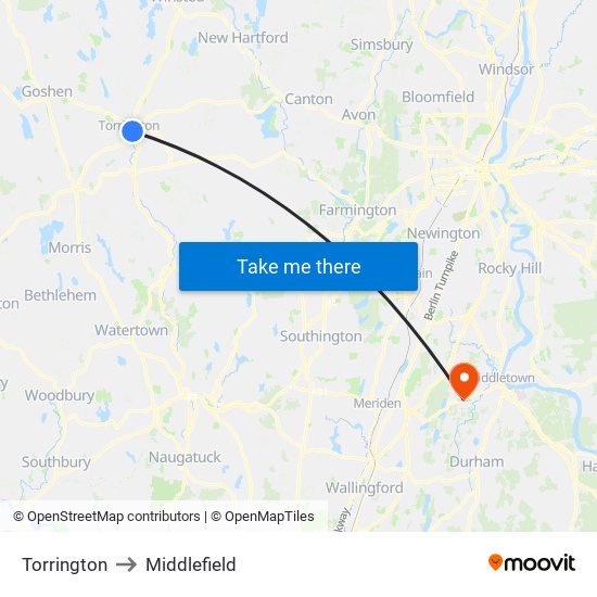 Torrington to Middlefield map