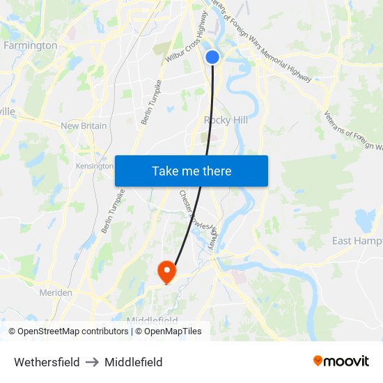 Wethersfield to Middlefield map