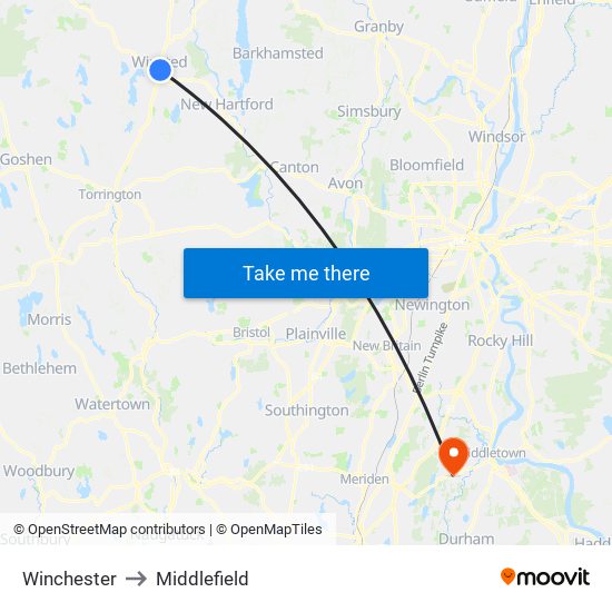 Winchester to Middlefield map