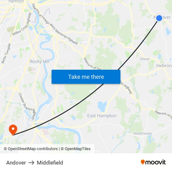 Andover to Middlefield map