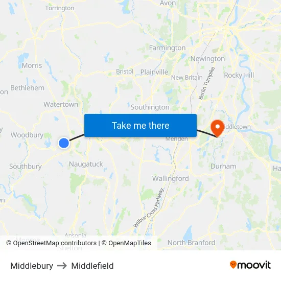 Middlebury to Middlefield map