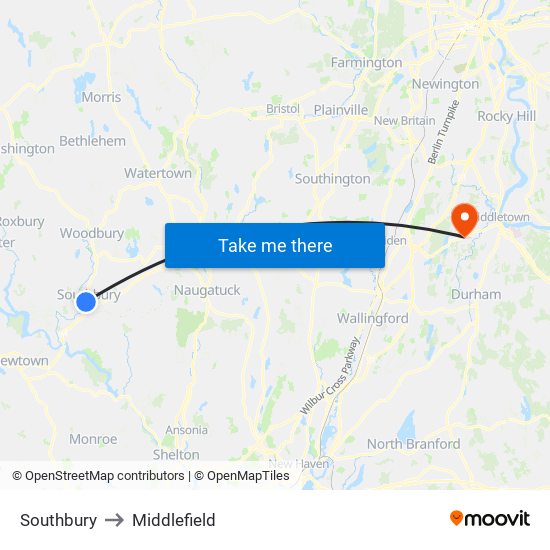 Southbury to Middlefield map